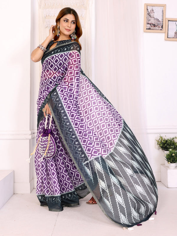 Purple Chanderi Cotton Diamond Weave Saree with Dark Grey Border