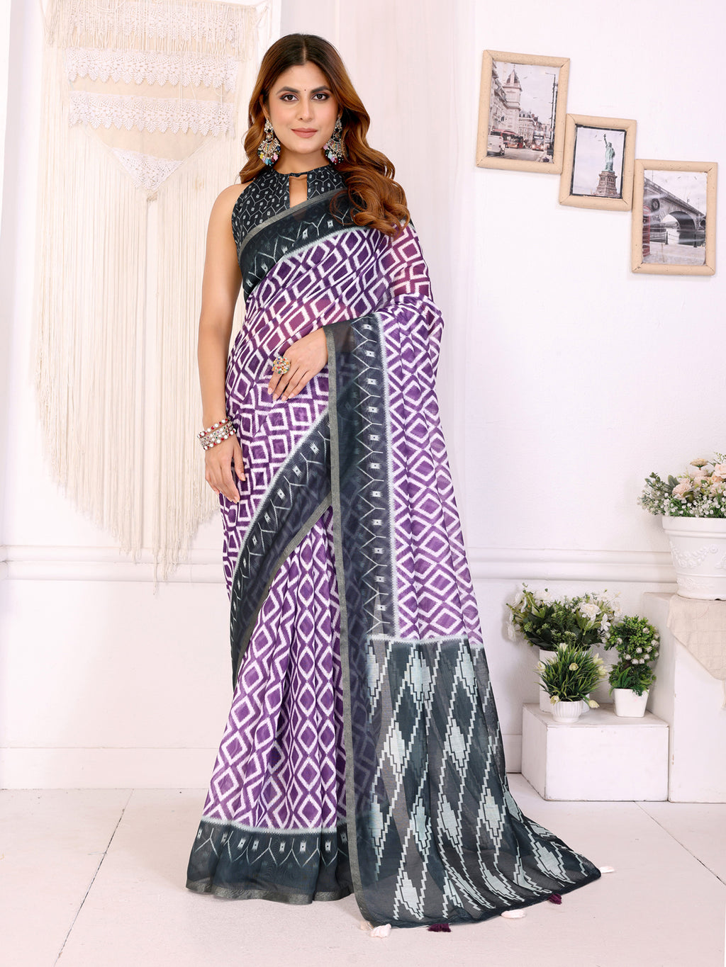 Purple Chanderi Cotton Diamond Weave Saree with Dark Grey Border