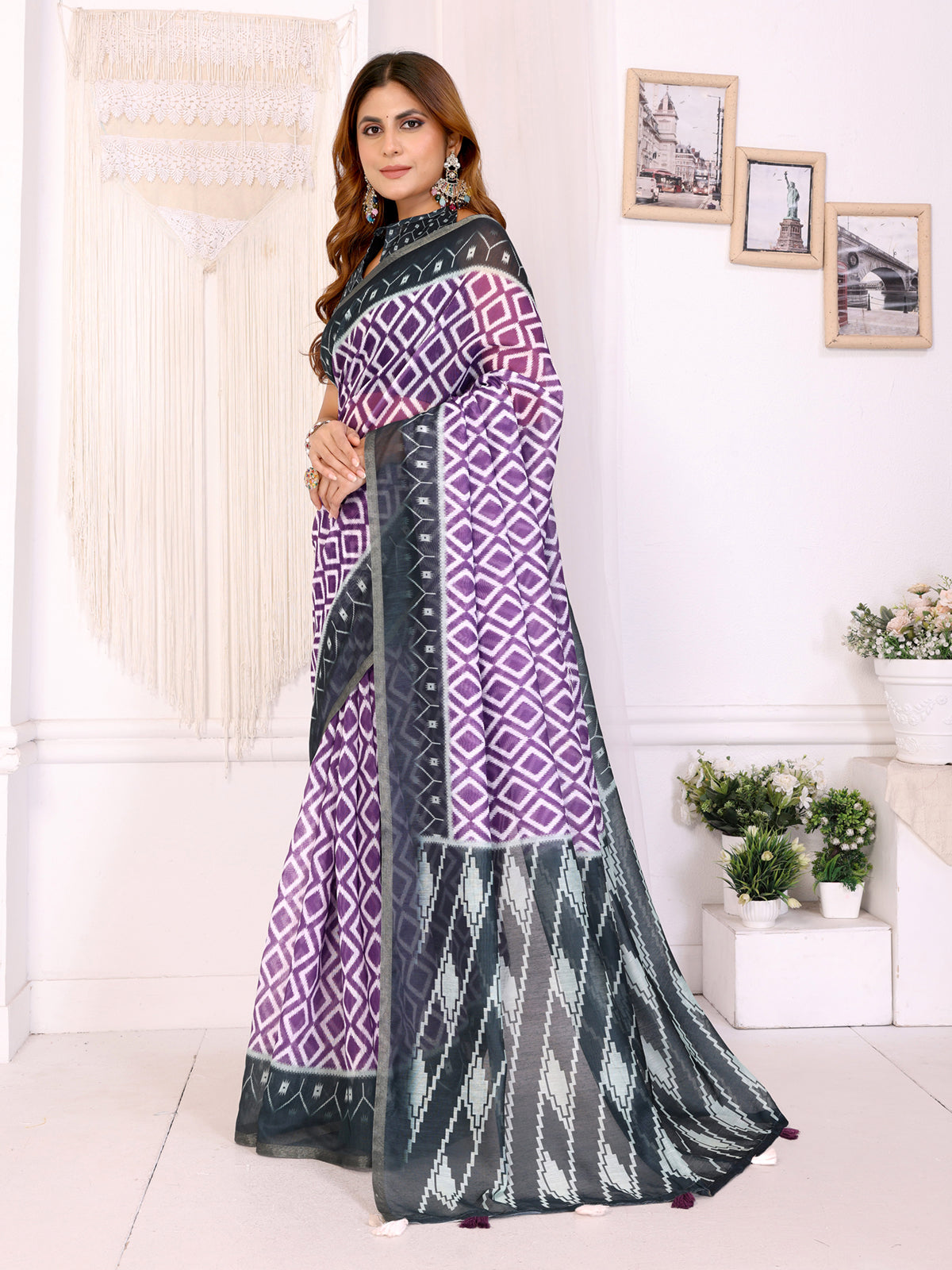 Purple Chanderi Cotton Diamond Weave Saree with Dark Grey Border
