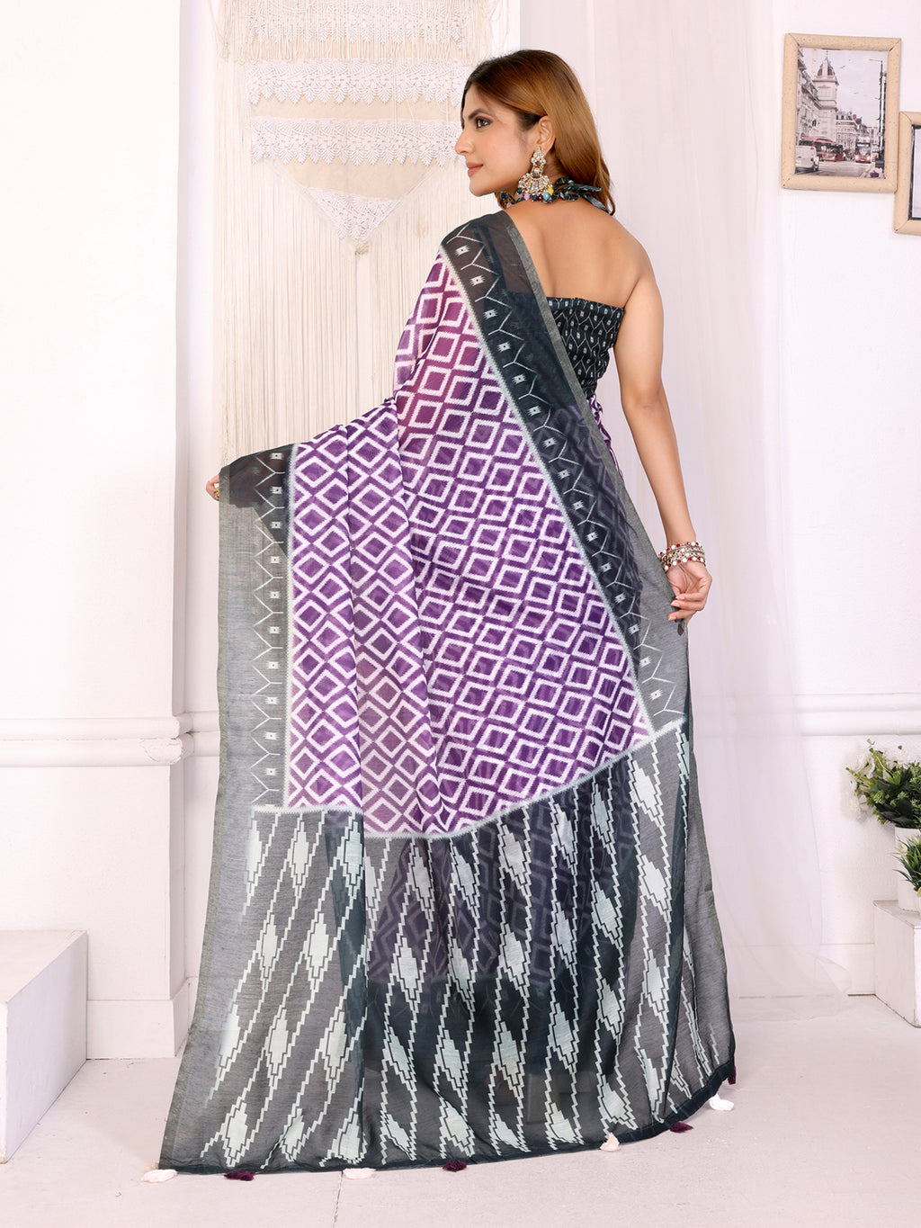 Purple Chanderi Cotton Diamond Weave Saree with Dark Grey Border