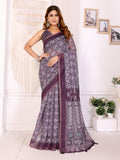 Deep plum Chanderi Cotton Ajrakh block print saree with purple border - full drape view
