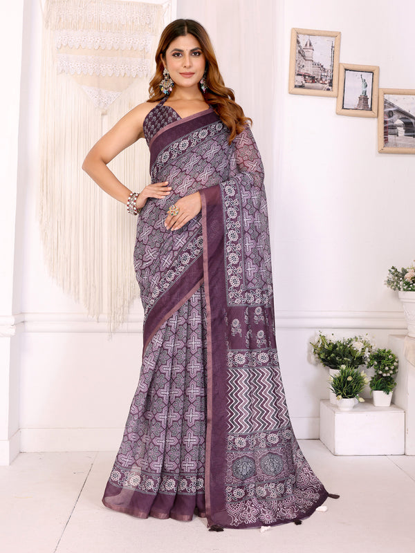 Deep Plum Chanderi Cotton Ajrakh Block Print Saree with Purple Border