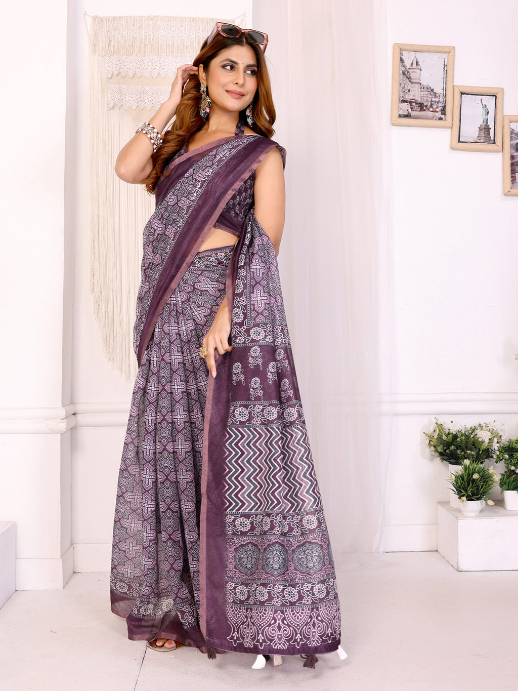 Deep Plum Chanderi Cotton Ajrakh Block Print Saree with Purple Border