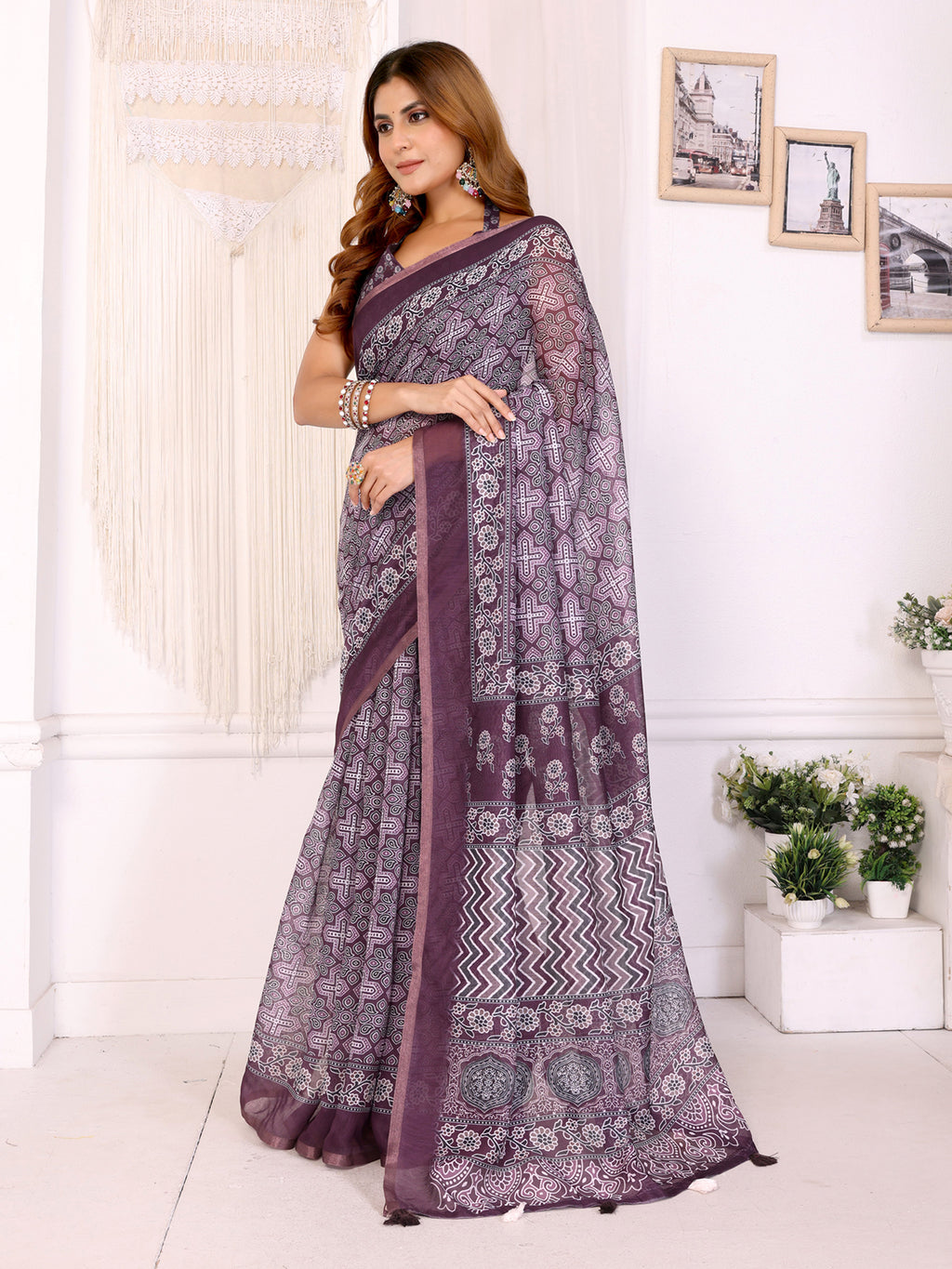 Deep Plum Chanderi Cotton Ajrakh Block Print Saree with Purple Border