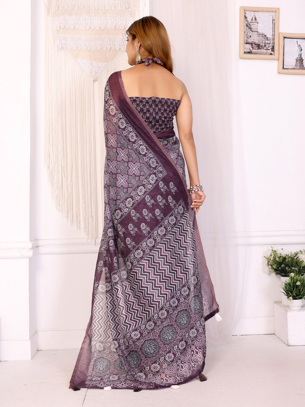 Deep Plum Chanderi Cotton Ajrakh Block Print Saree with Purple Border