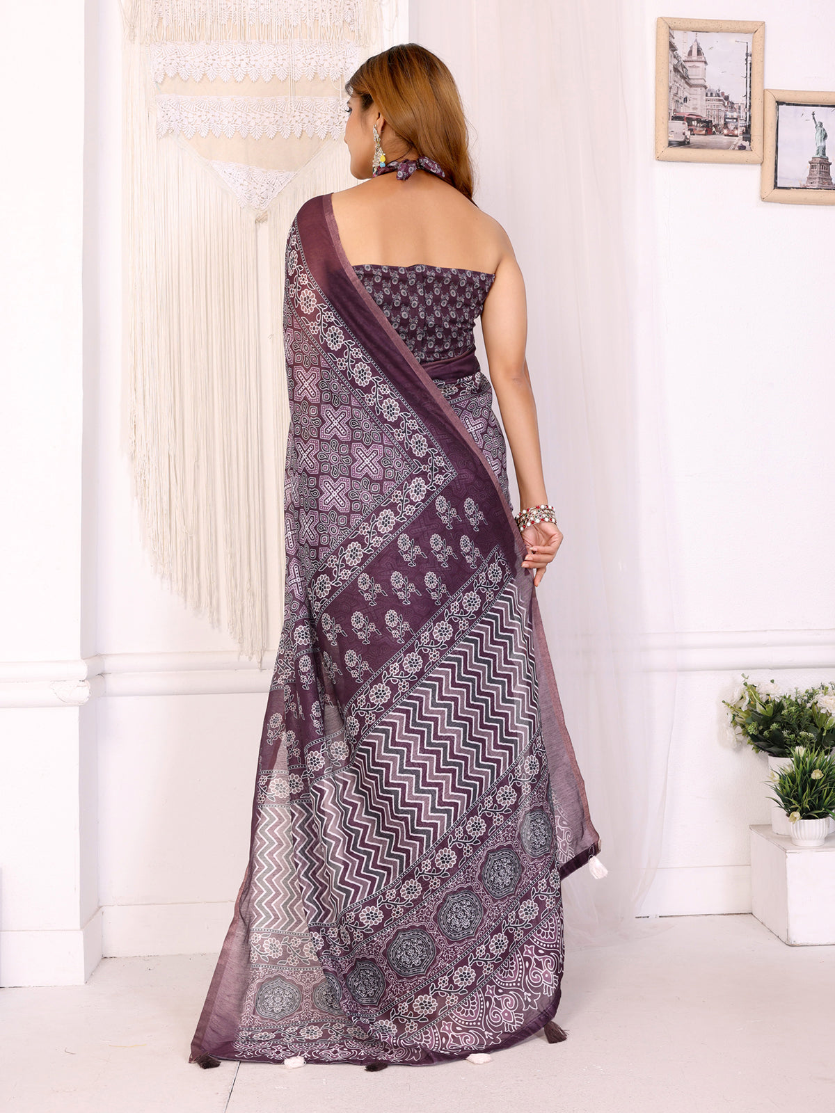 Deep Plum Chanderi Cotton Ajrakh Block Print Saree with Purple Border