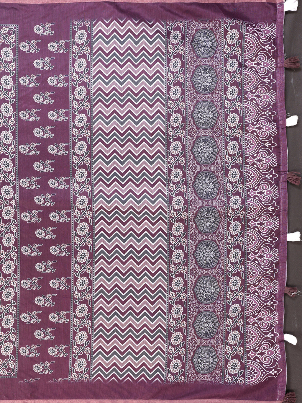 Deep Plum Chanderi Cotton Ajrakh Block Print Saree with Purple Border