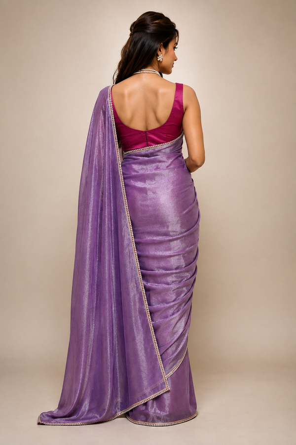 Tissue Silk Saree with Multicolour Round Pearl Fancy Lace Border(rani)