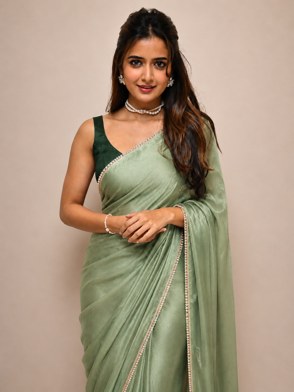 Tissue Silk Saree with Multicolour Round Pearl Fancy Lace Border(green)