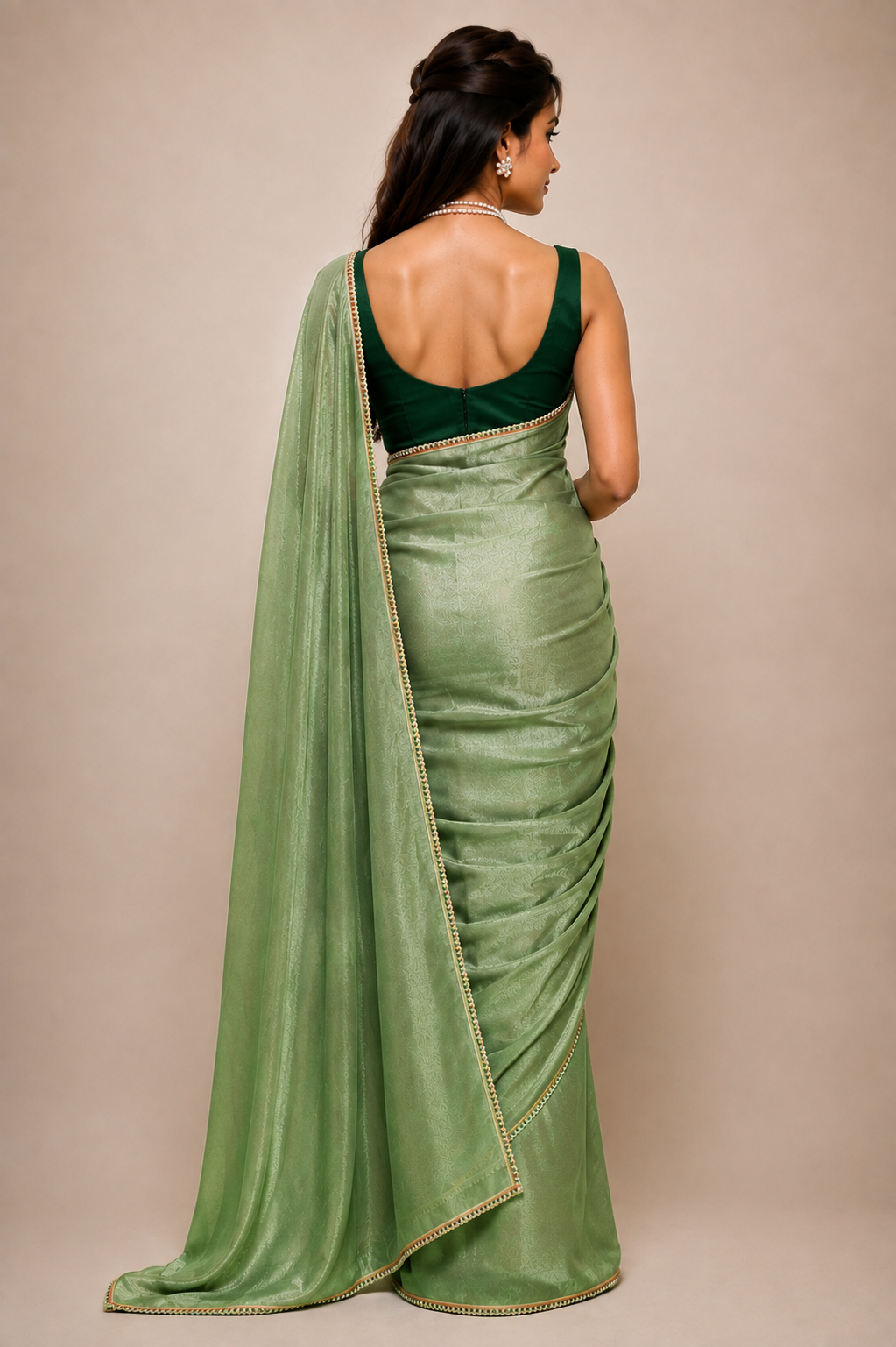 Tissue Silk Saree with Multicolour Round Pearl Fancy Lace Border(green)