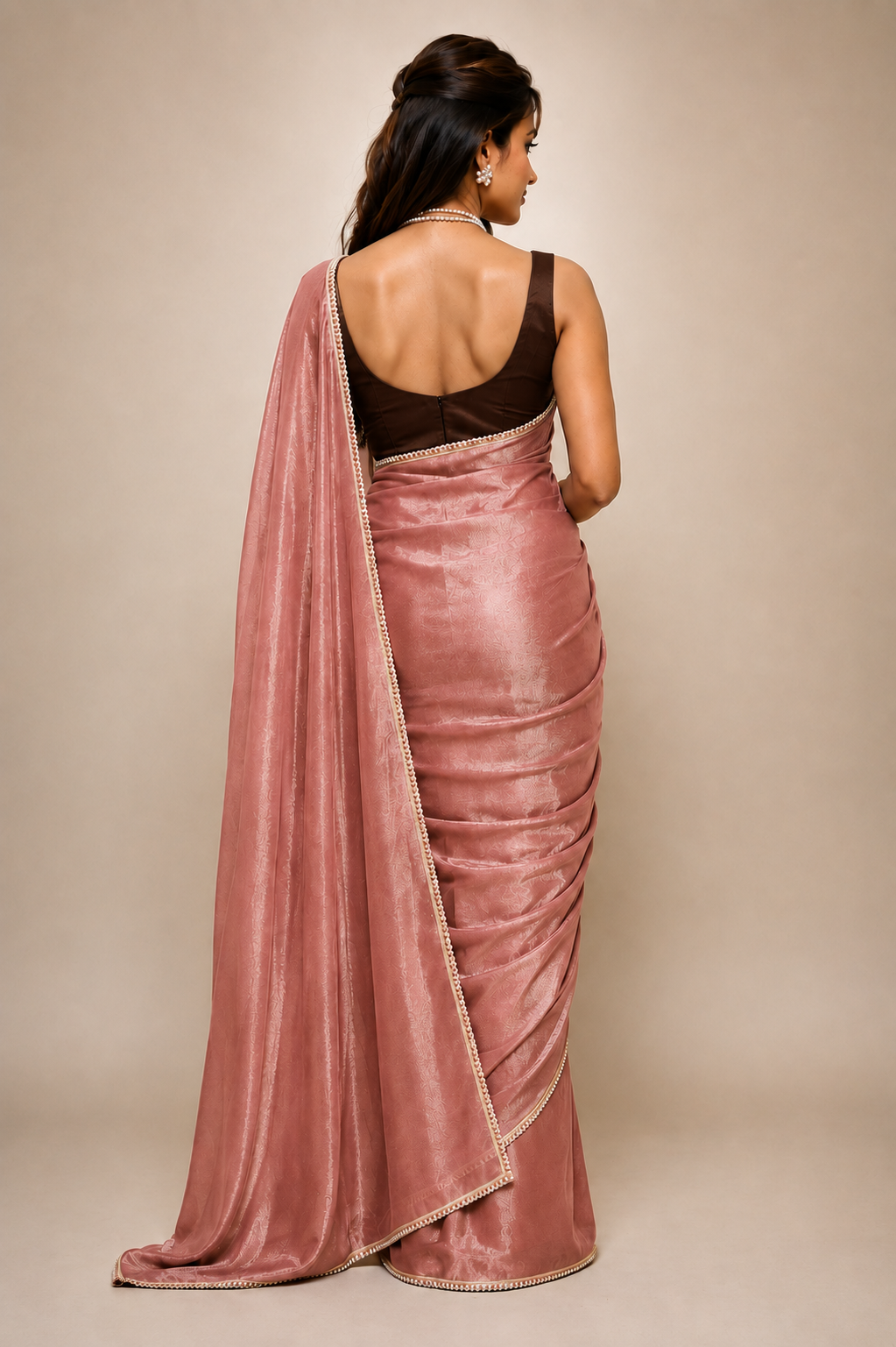 Tissue Silk Saree with Multicolour Round Pearl Fancy Lace Border(rose)