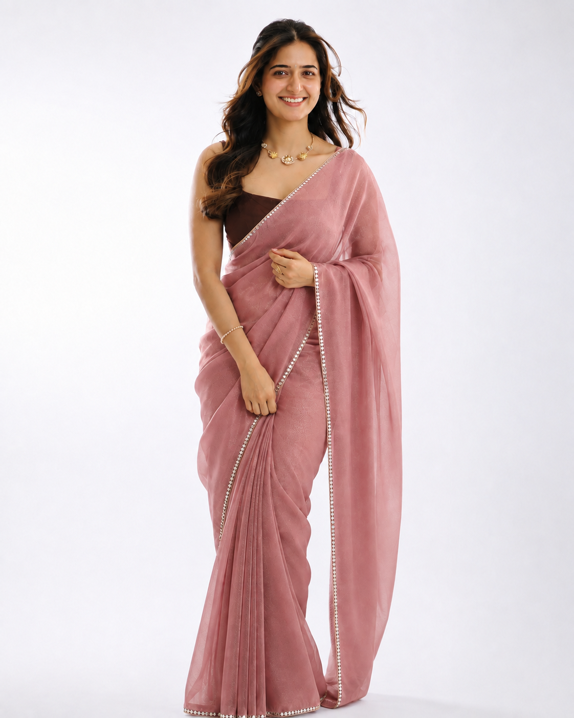Tissue Silk Saree with Diamond Shape Mirror Lace Border | Festive & Bridal Wear(rose gold)
