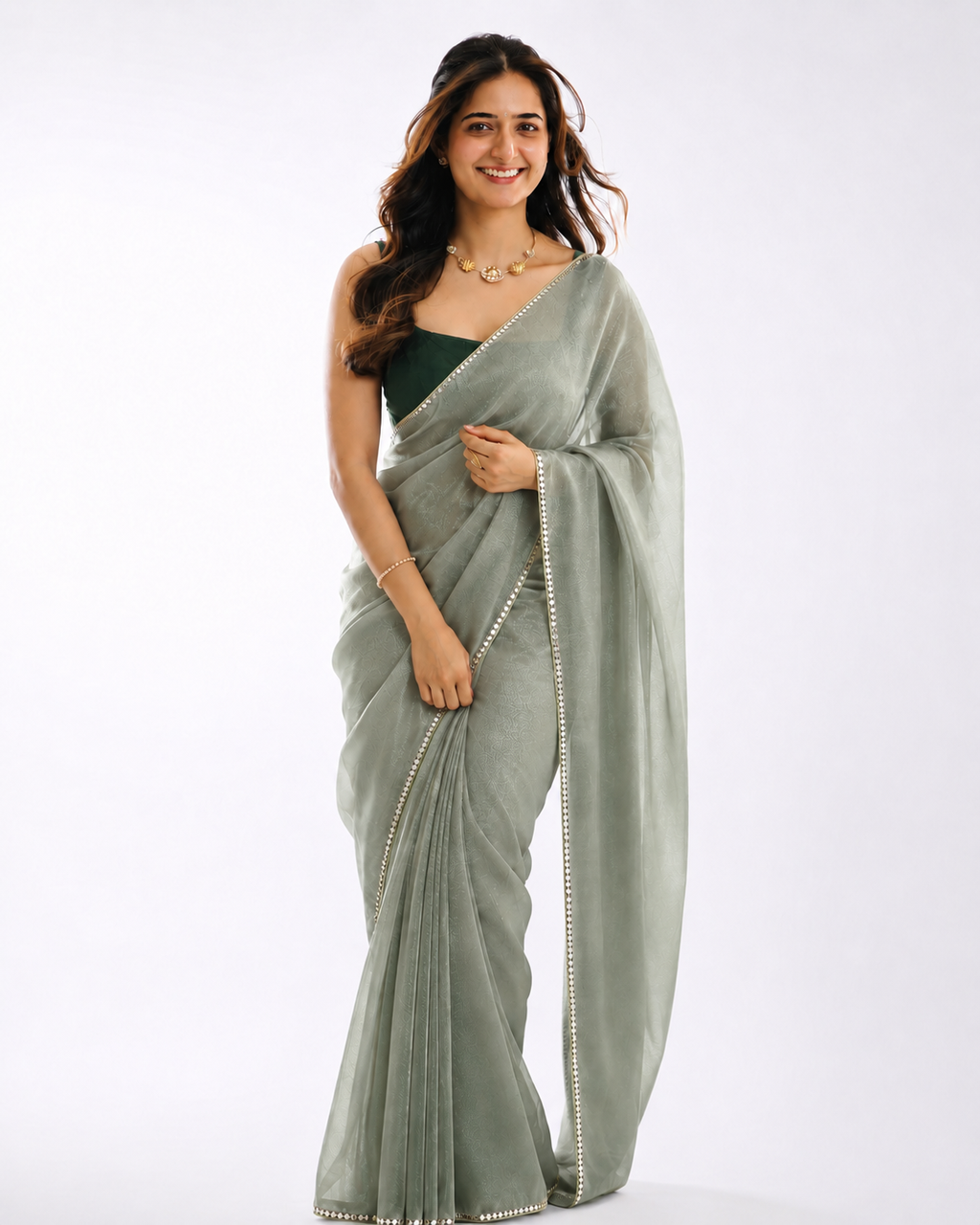 Tissue Silk Saree with Diamond Shape Mirror Lace Border | Festive & Bridal Wear(green)