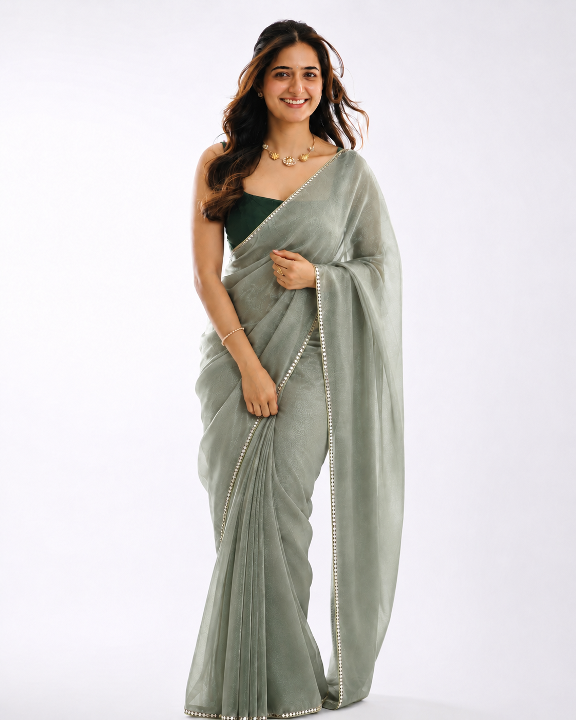 Tissue Silk Saree with Diamond Shape Mirror Lace Border | Festive & Bridal Wear(green)
