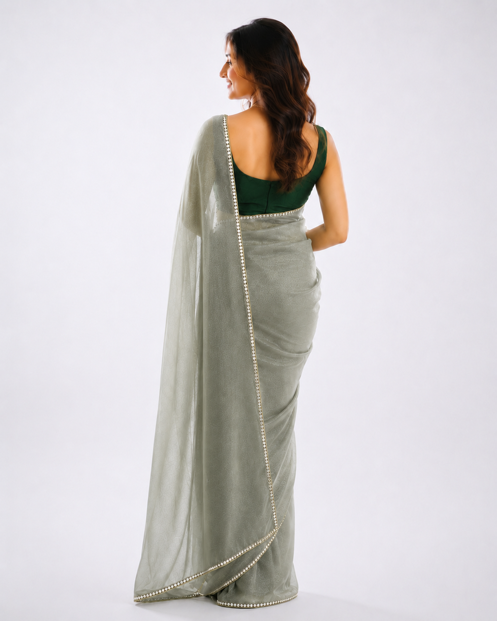 Tissue Silk Saree with Diamond Shape Mirror Lace Border | Festive & Bridal Wear(green)