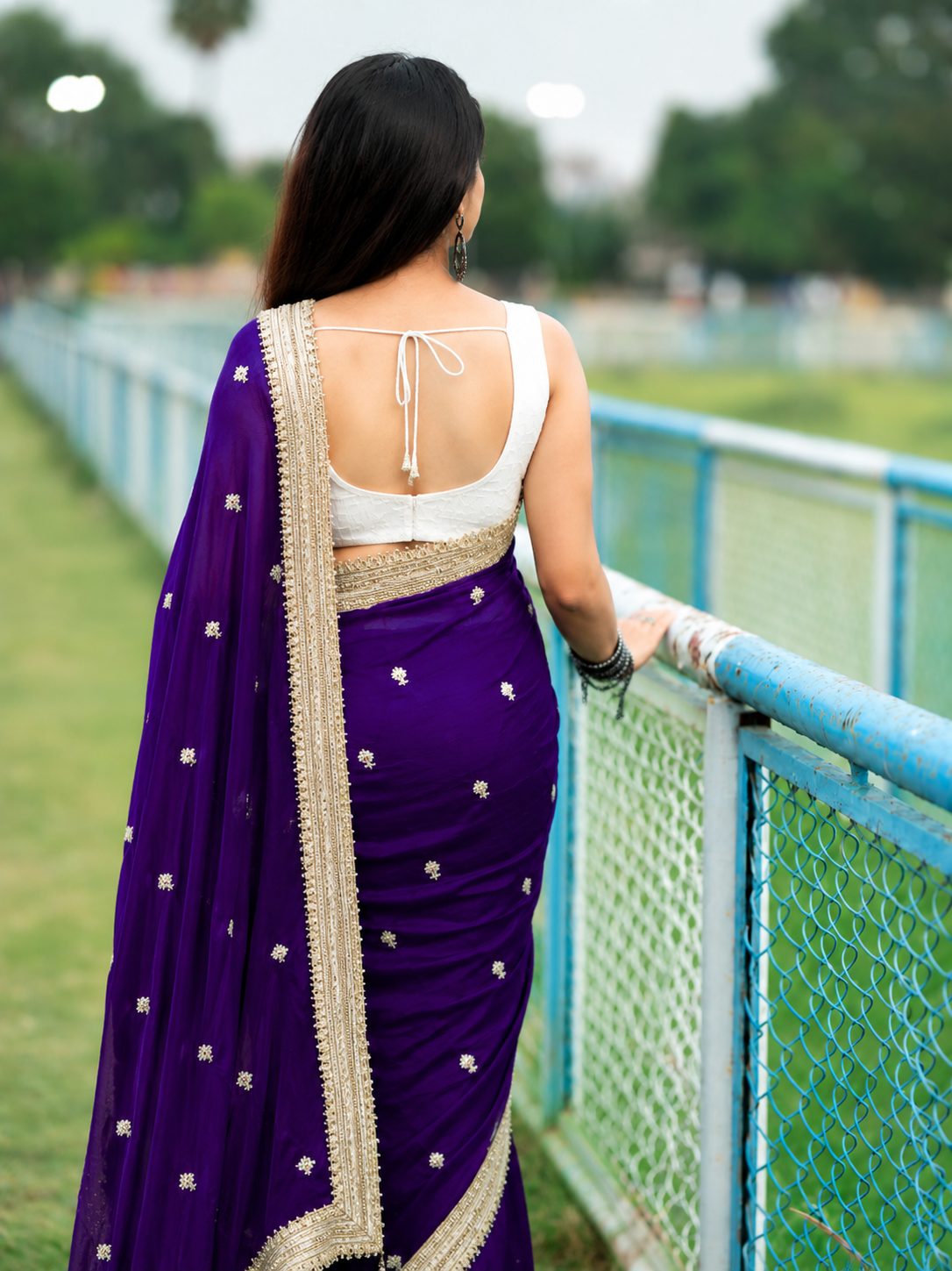 Satin Silk Embroidery Butti Saree with Fancy Gold Lace Border(blue)