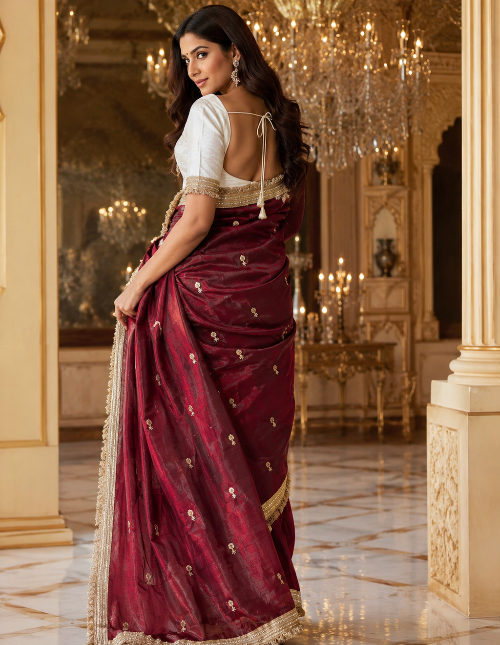 Satin Silk Embroidery Butti Saree with Fancy Gold Lace Border(maroon)