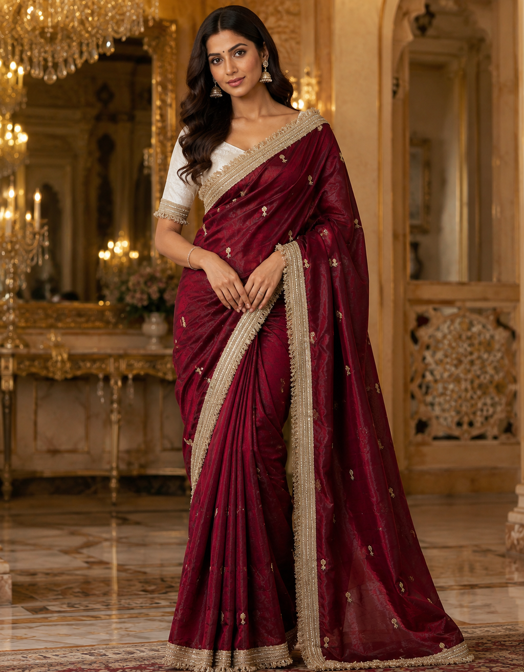 Satin Silk Embroidery Butti Saree with Fancy Gold Lace Border(maroon)