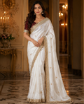 Satin Silk Embroidery Butti Saree with Fancy Gold Lace Border(white)