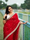 Satin Silk Embroidery Butti Saree with Fancy Gold Lace Border(red)