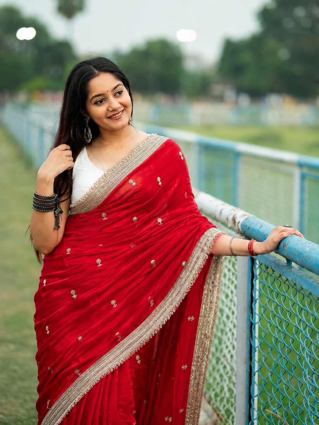 Satin Silk Embroidery Butti Saree with Fancy Gold Lace Border(red)
