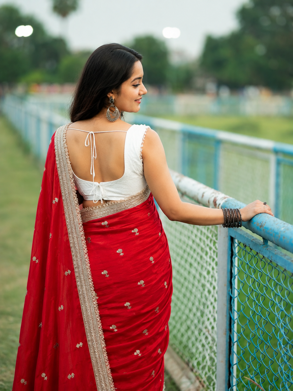 Satin Silk Embroidery Butti Saree with Fancy Gold Lace Border(red)