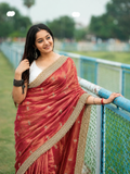 Satin Silk Embroidery Butti Saree with Fancy Gold Lace Border(orange)