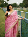 Satin Silk Embroidery Butti Saree with Fancy Gold Lace Border(pink)