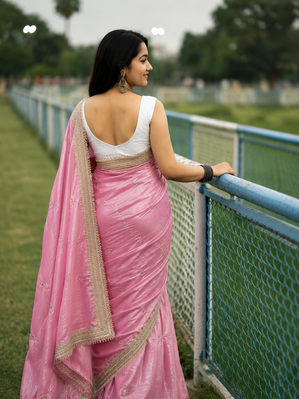 Satin Silk Embroidery Butti Saree with Fancy Gold Lace Border(pink)