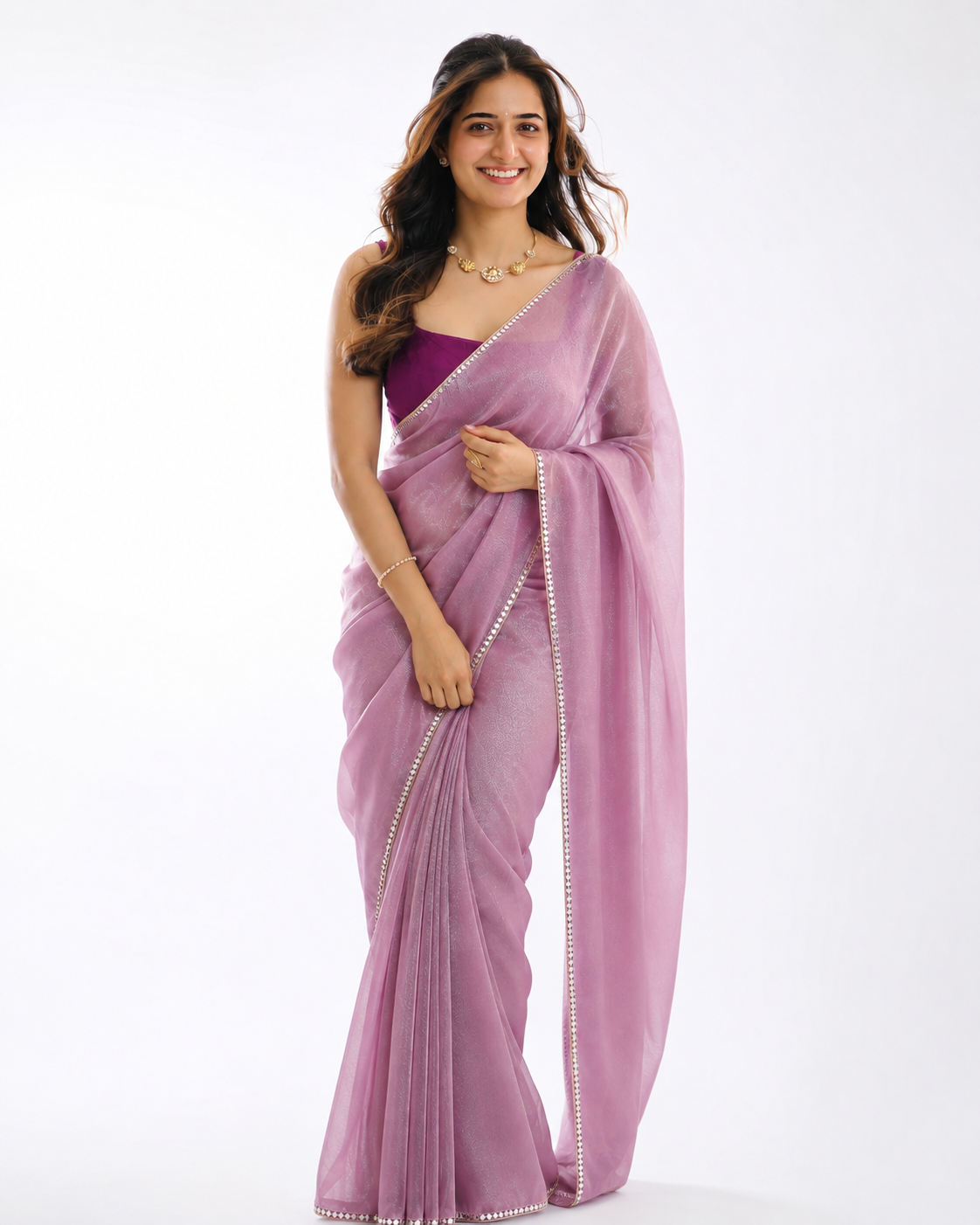 Mauve Tissue Silk Saree with Pearl Lace Border - Front View