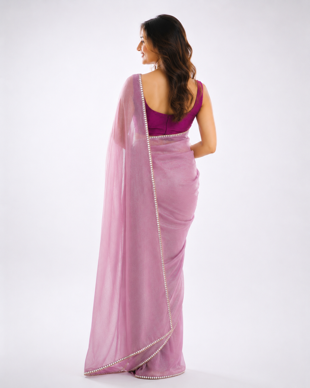 Mauve Tissue Silk Saree with Pearl Lace Border - Back View