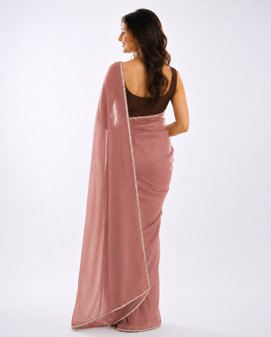 Dusty Rose Tissue Silk Saree with Pearl Lace Border - Back View