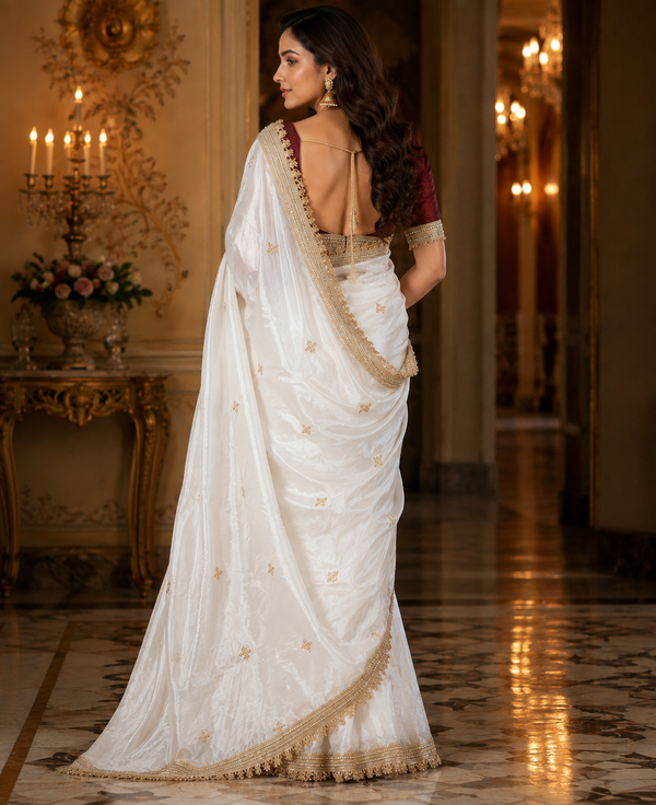 Satin Silk Embroidery Butti Saree with Fancy Gold Lace Border(white)