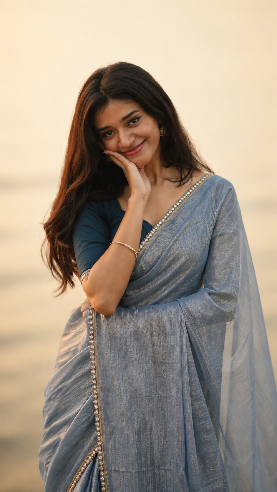 Powder Blue Tissue Silk Saree with Fancy Pearl Lace Border & Teal Blouse