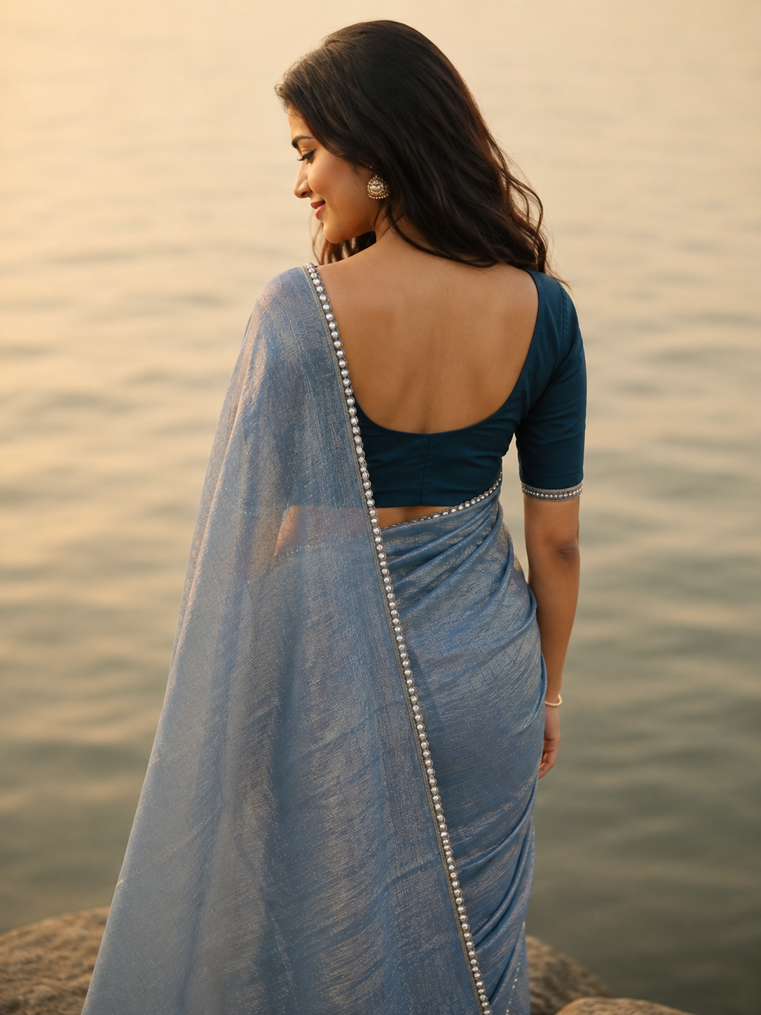 Powder Blue Tissue Silk Saree with Fancy Pearl Lace Border & Teal Blouse
