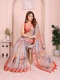 Grey & Peach Linen Cotton Floral Print Saree with Coral Border