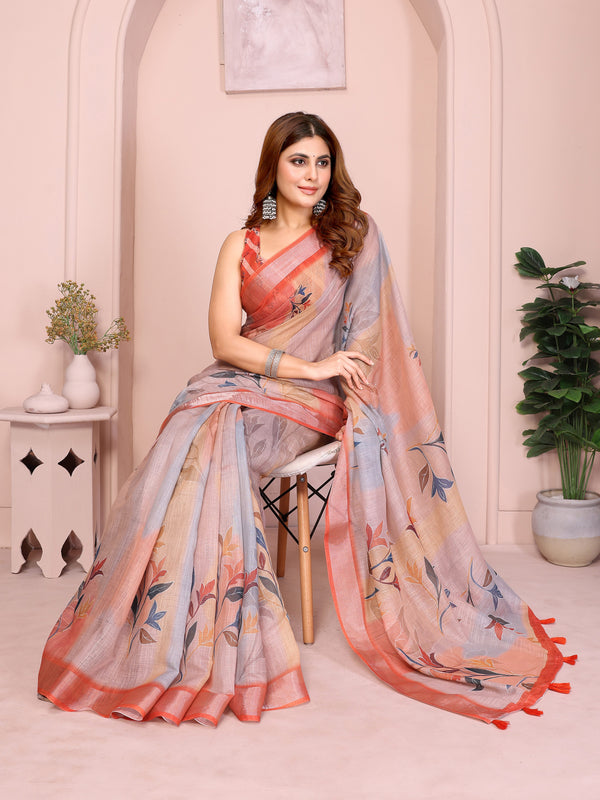 Grey & Peach Linen Cotton Floral Print Saree with Coral Border