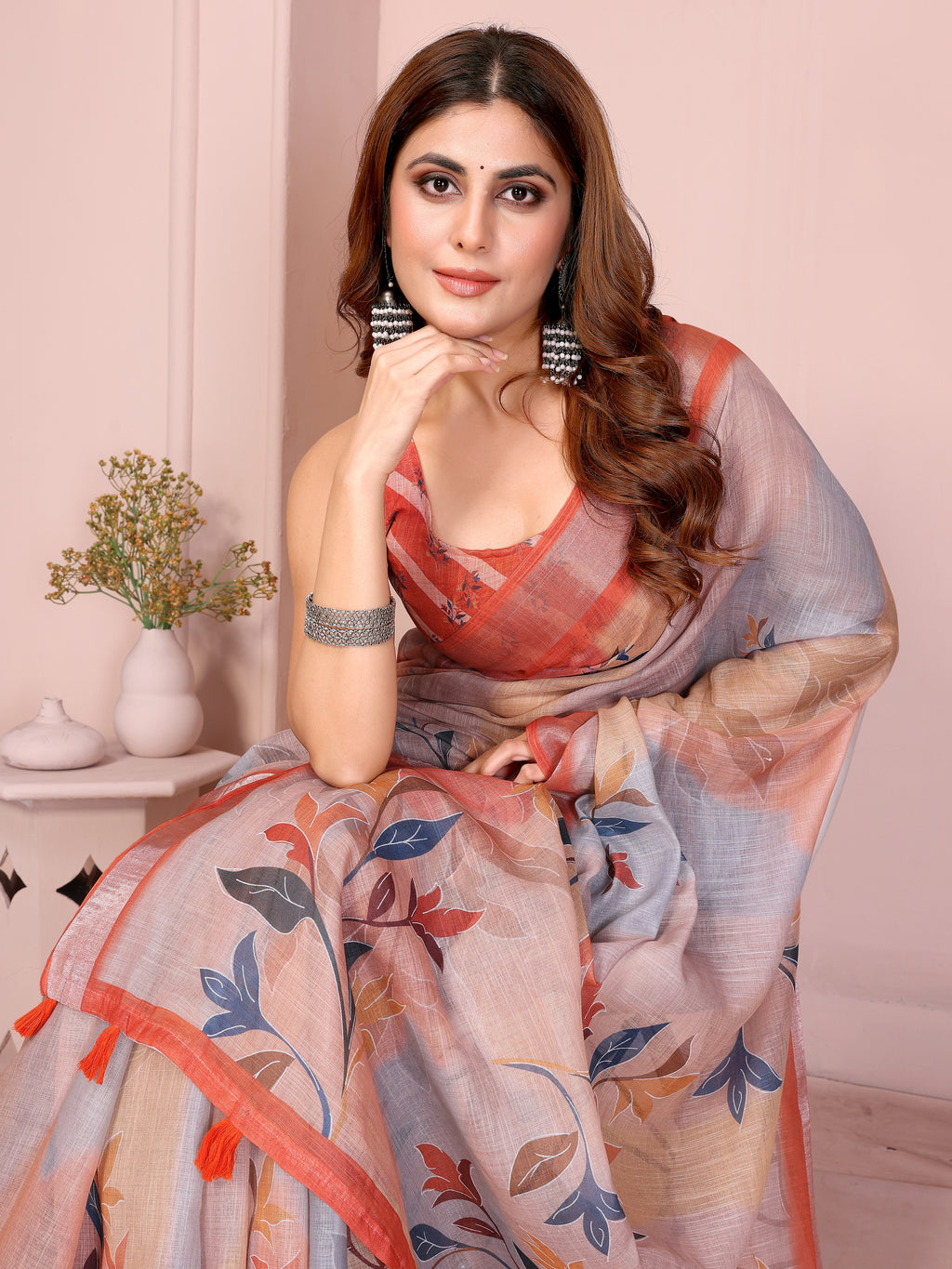 Grey & Peach Linen Cotton Floral Print Saree with Coral Border