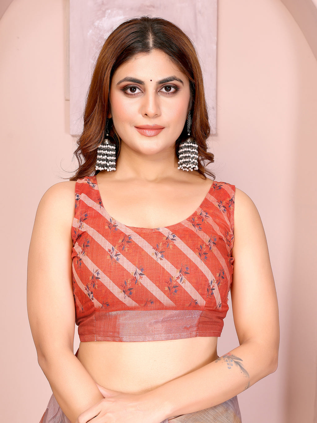 Grey & Peach Linen Cotton Floral Print Saree with Coral Border