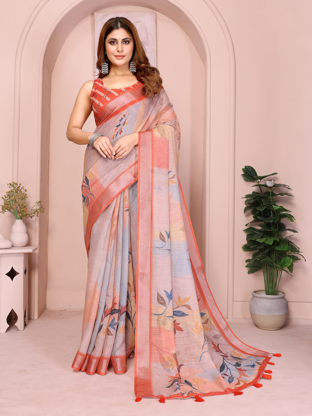 Grey & Peach Linen Cotton Floral Print Saree with Coral Border