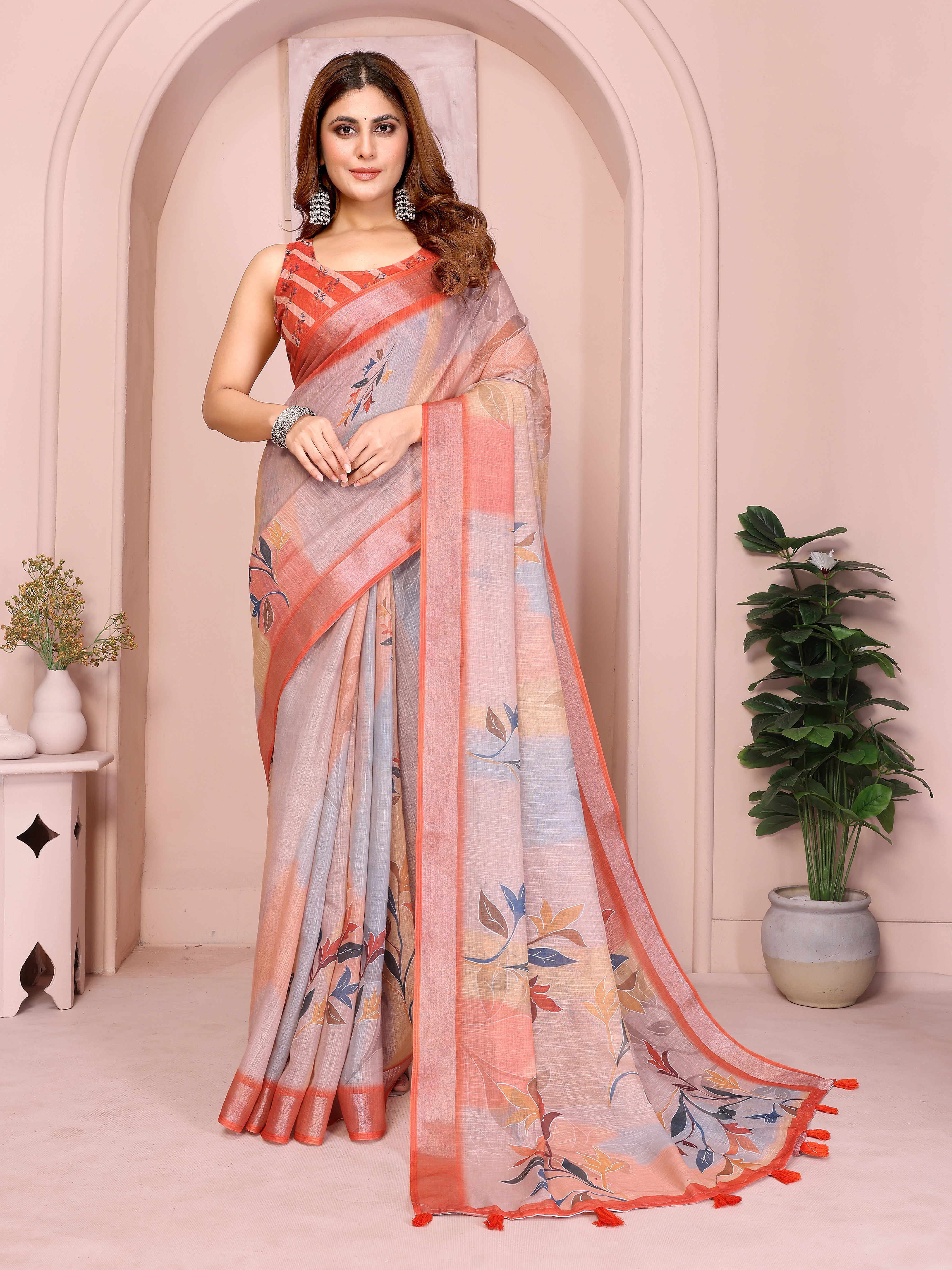 Grey & Peach Linen Cotton Floral Print Saree with Coral Border
