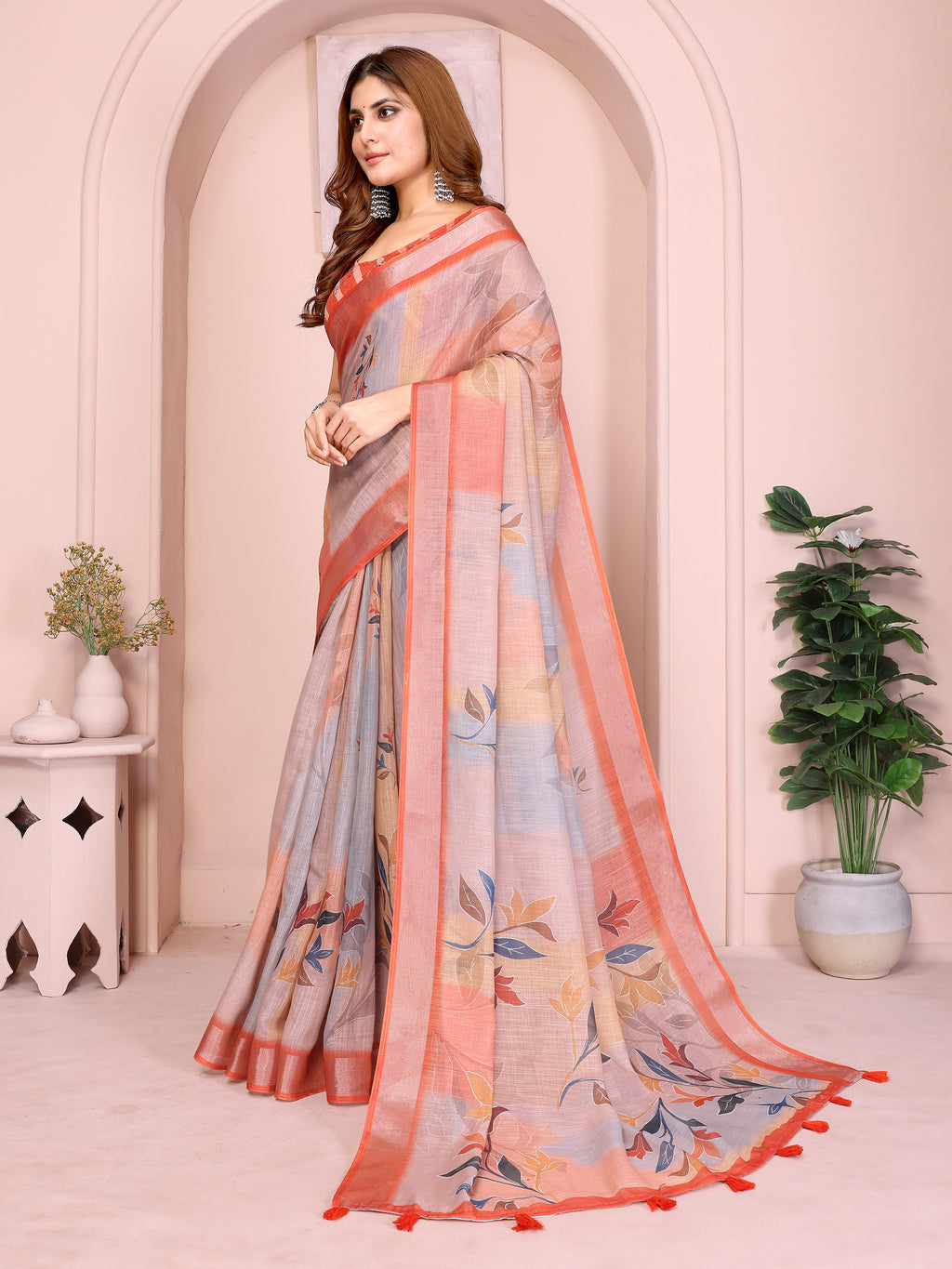 Grey & Peach Linen Cotton Floral Print Saree with Coral Border