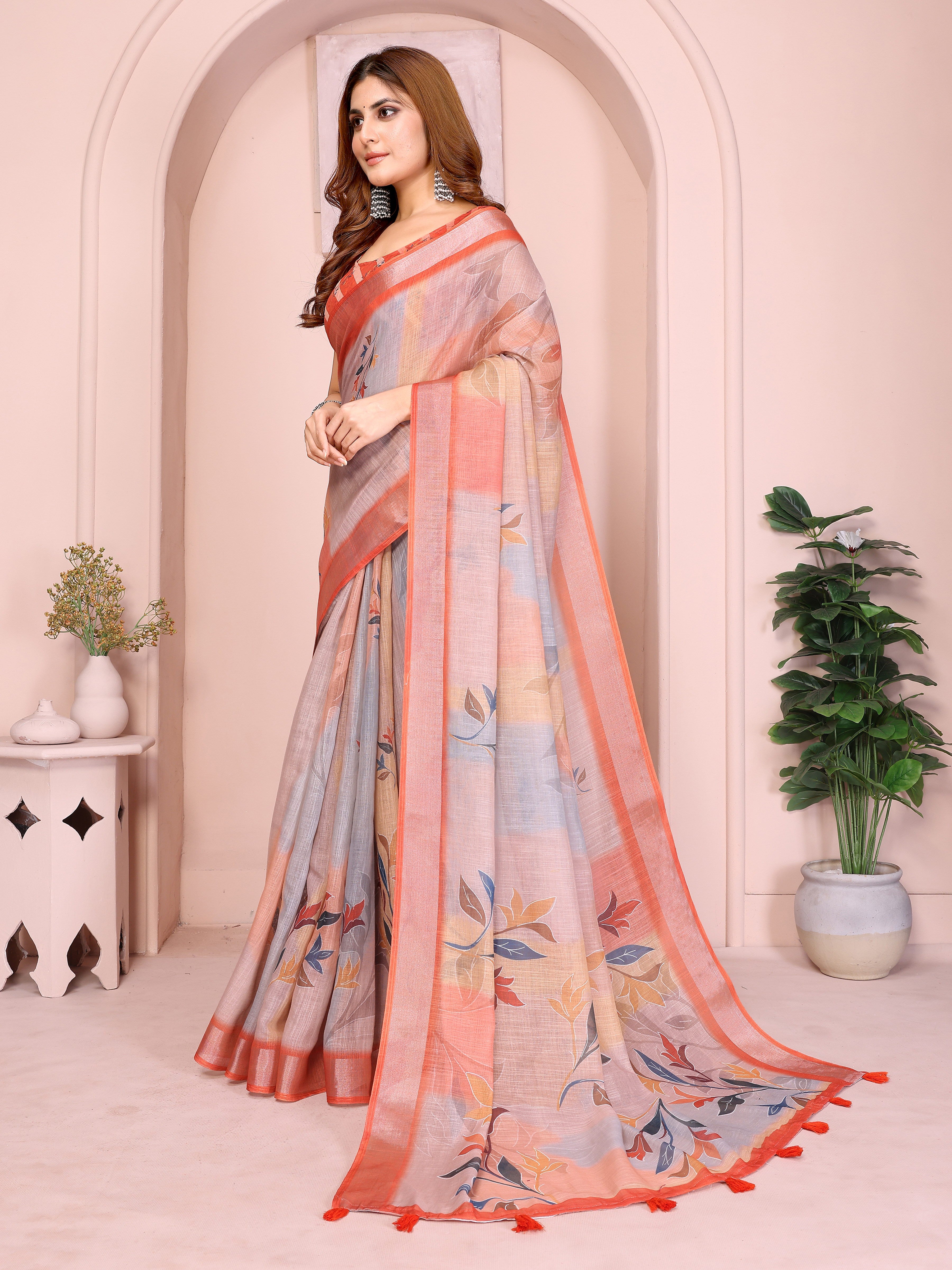 Grey & Peach Linen Cotton Floral Print Saree with Coral Border
