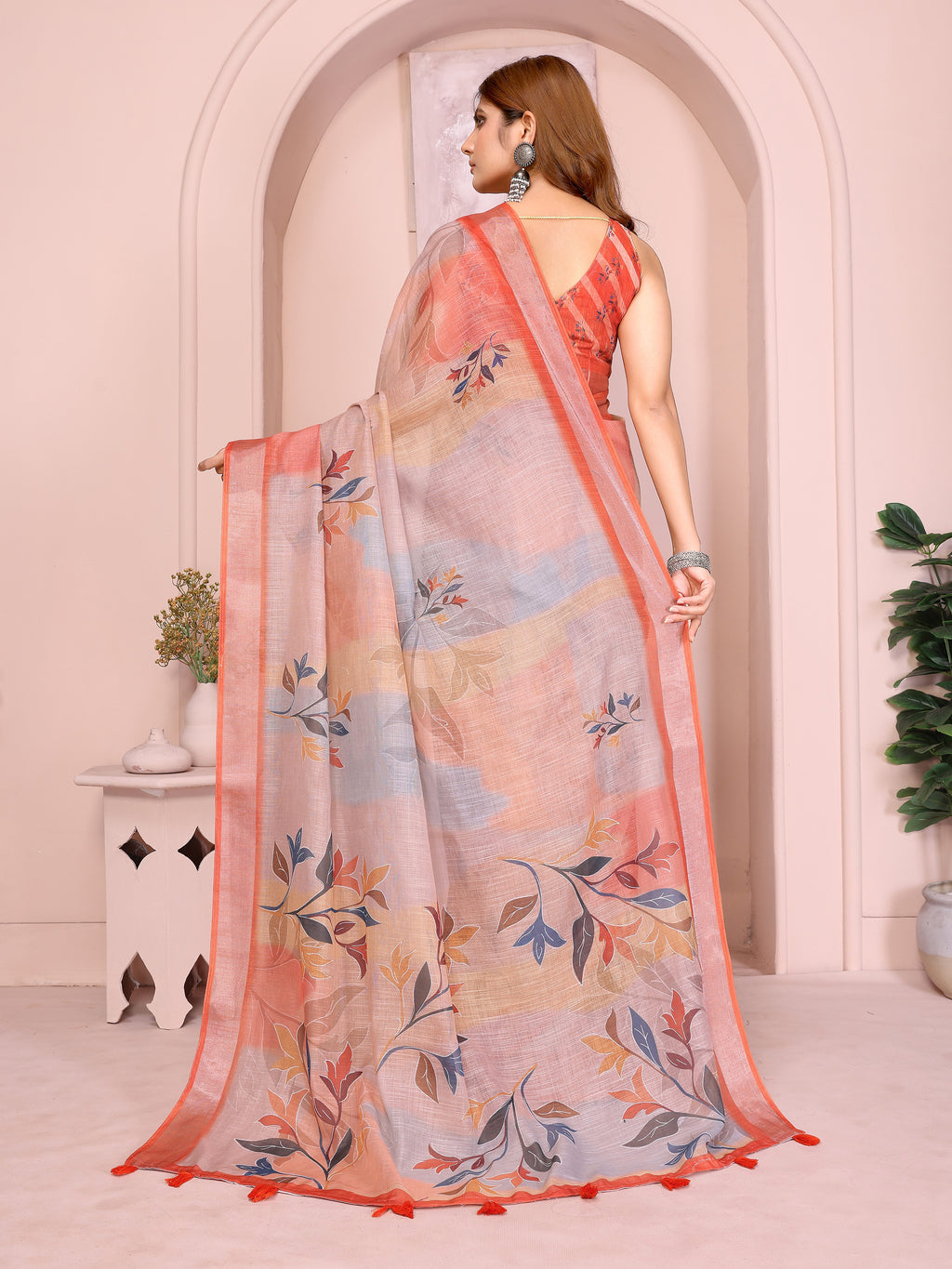 Grey & Peach Linen Cotton Floral Print Saree with Coral Border