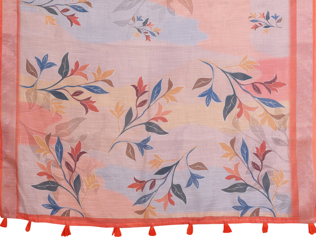 Grey & Peach Linen Cotton Floral Print Saree with Coral Border