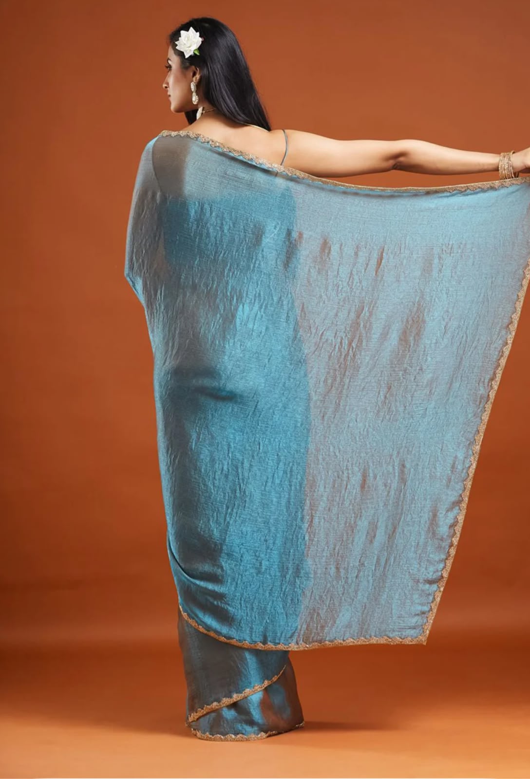 Blue Silver Tissue Silk Saree with Gold Lace Border