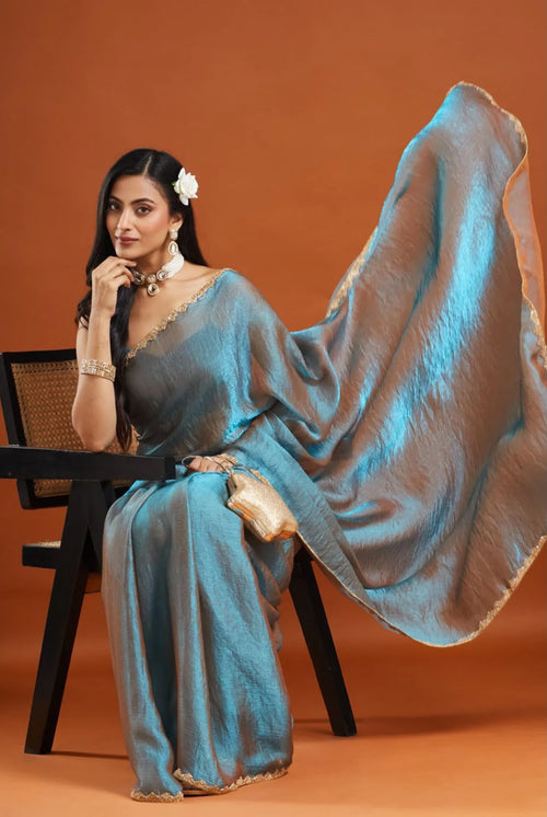 Blue Silver Tissue Silk Saree with Gold Lace Border