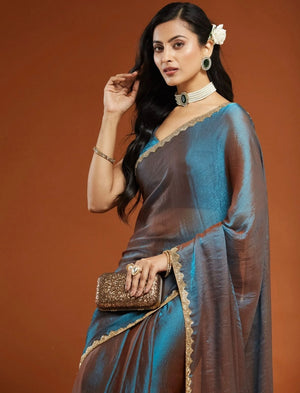 Blue Silver Tissue Silk Saree with Gold Lace Border