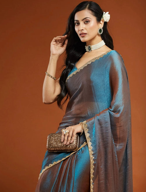 Blue Silver Tissue Silk Saree with Gold Lace Border