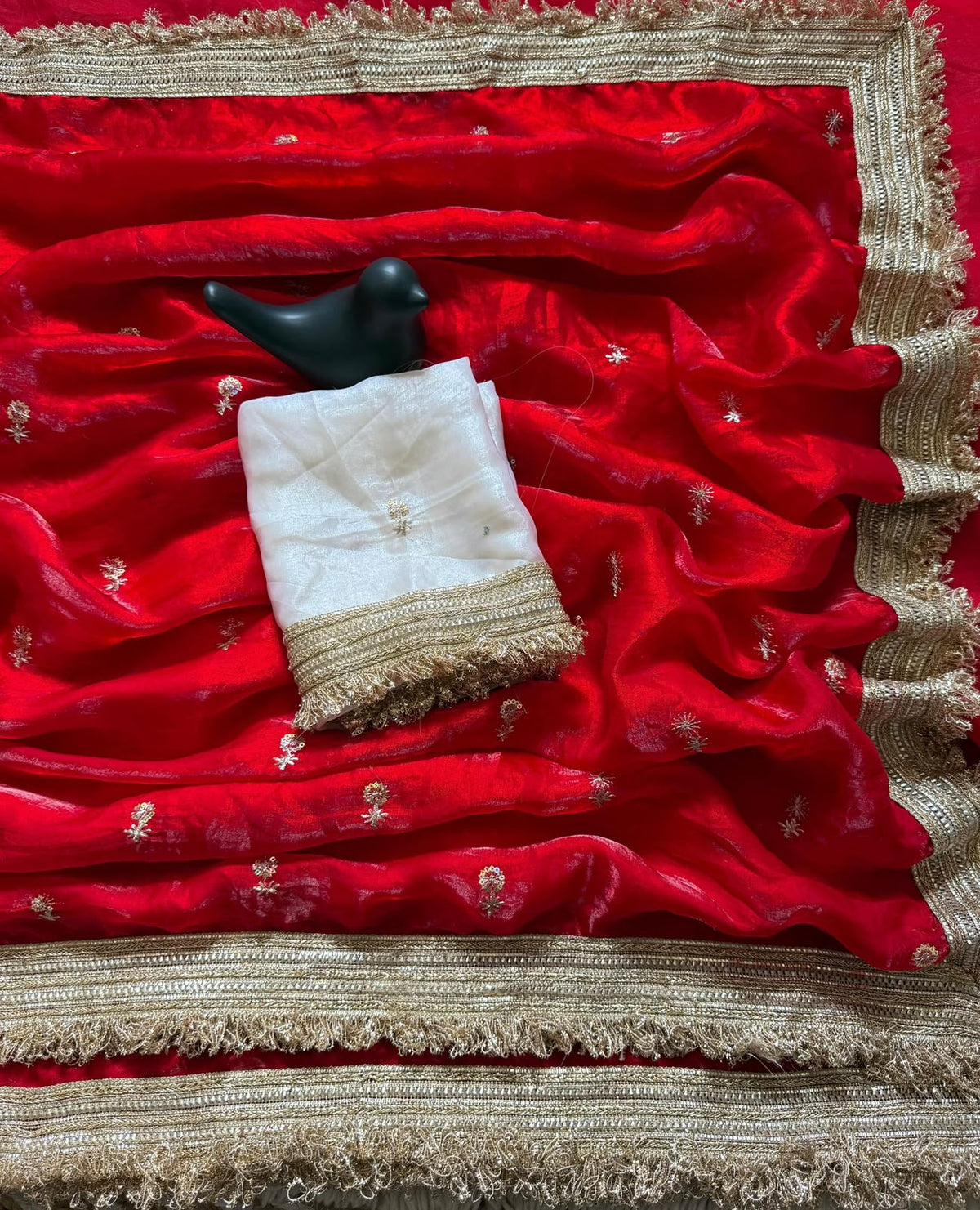 Satin Silk Embroidery Butti Saree with Fancy Gold Lace Border(red)
